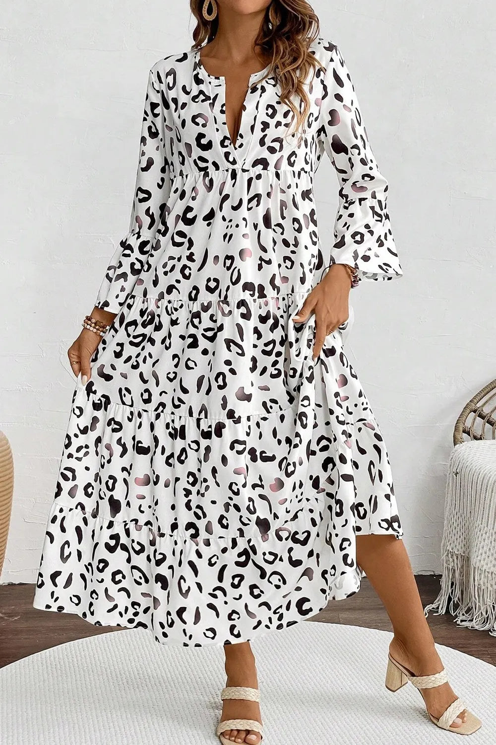 Leopard Notched Long Sleeve Dress