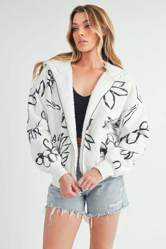 Aemi + Co Flower Print Zip Up Sherpa Hoodie