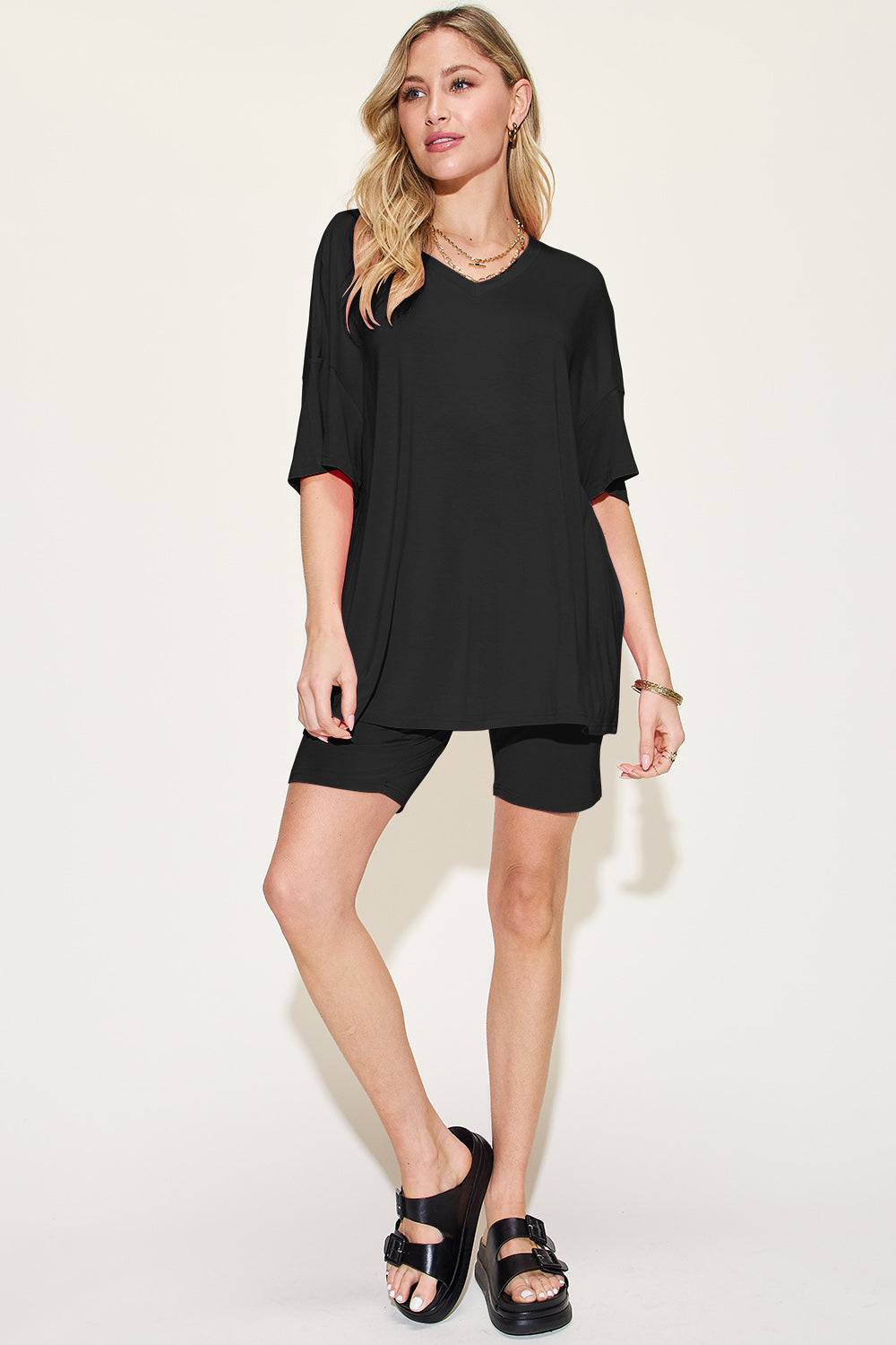 Basic Bae Bamboo Full Size V-Neck Drop Shoulder T-Shirt and Shorts Set - Clothes For Her Online Store