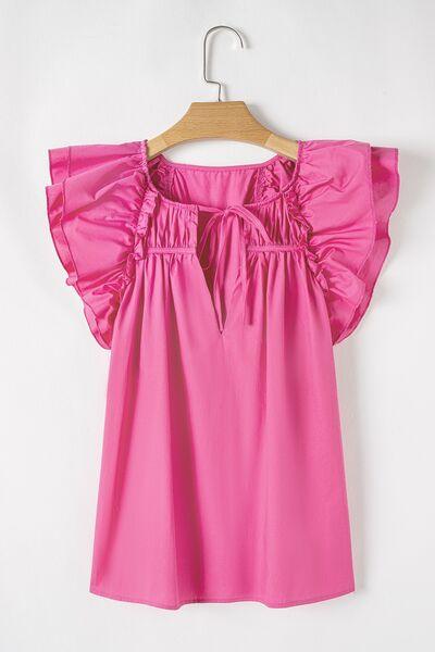 Shirred Tie Neck Ruffled Cap Sleeve Blouse