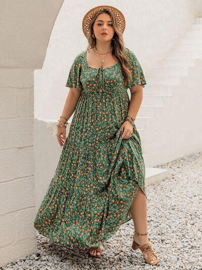 Plus Size Printed Short Sleeve Tiered Maxi Dress