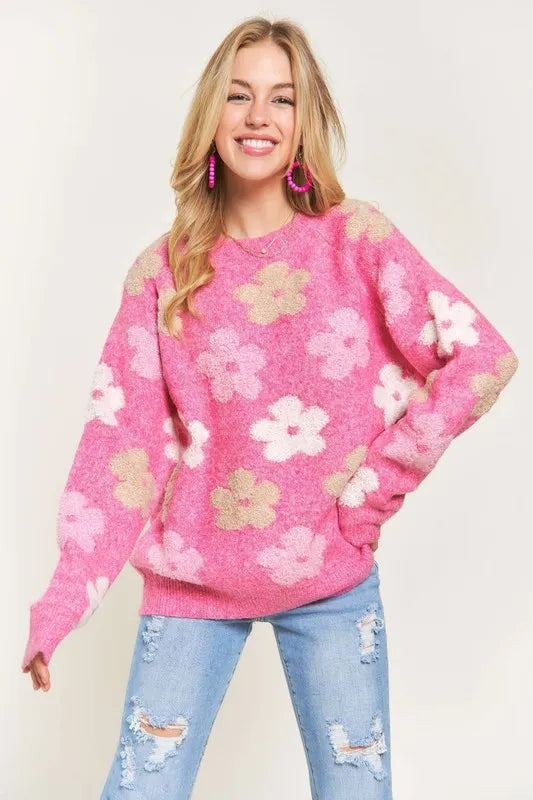 ADORA Full Size Floral Popped 2-Tone Sweater Top Plus Size