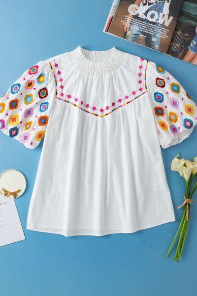 Smocked Neck Embroidered Puff Sleeve Top