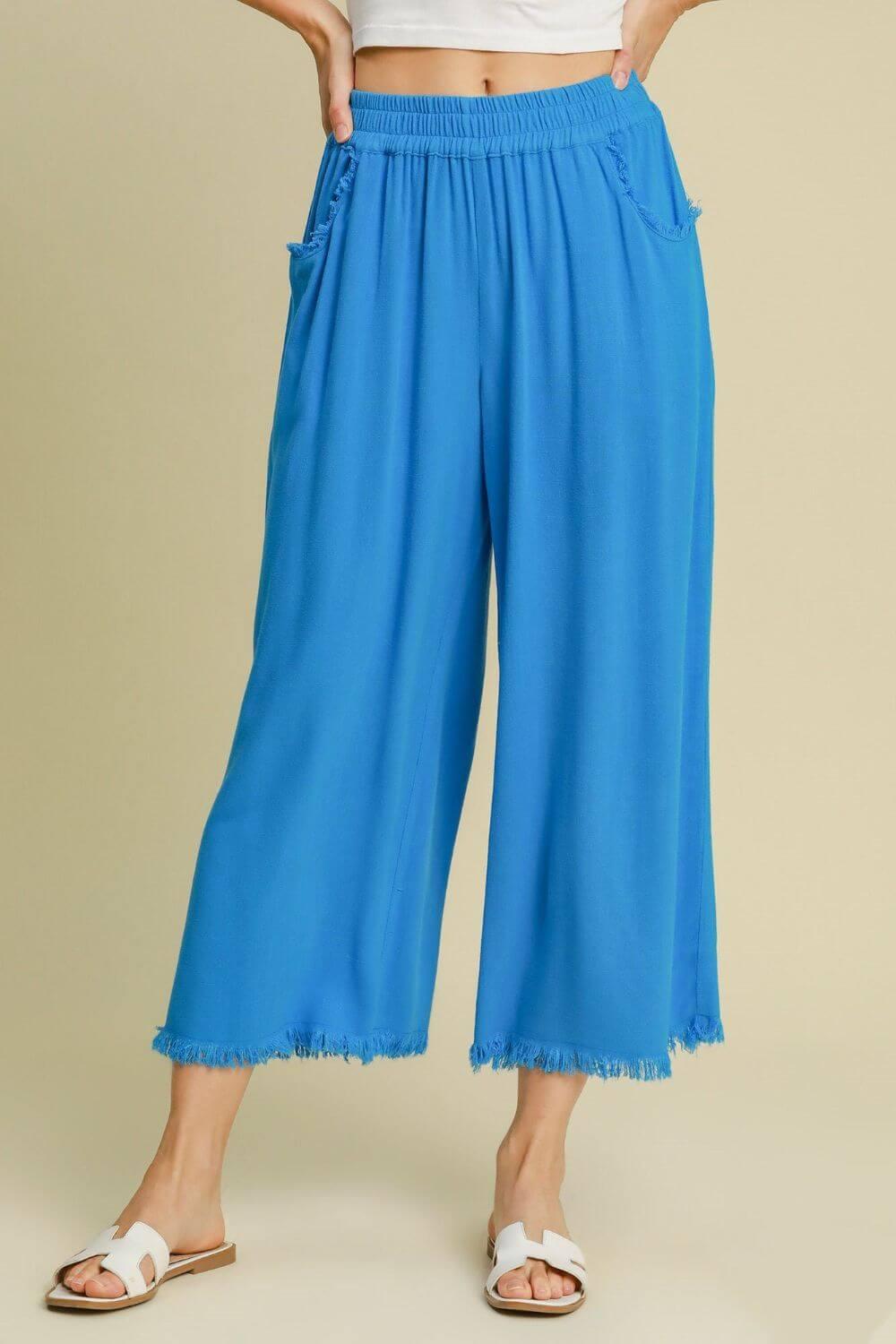 Umgee Full Size Linen Blend Elastic Waistband Wide Leg Pants Plus Size