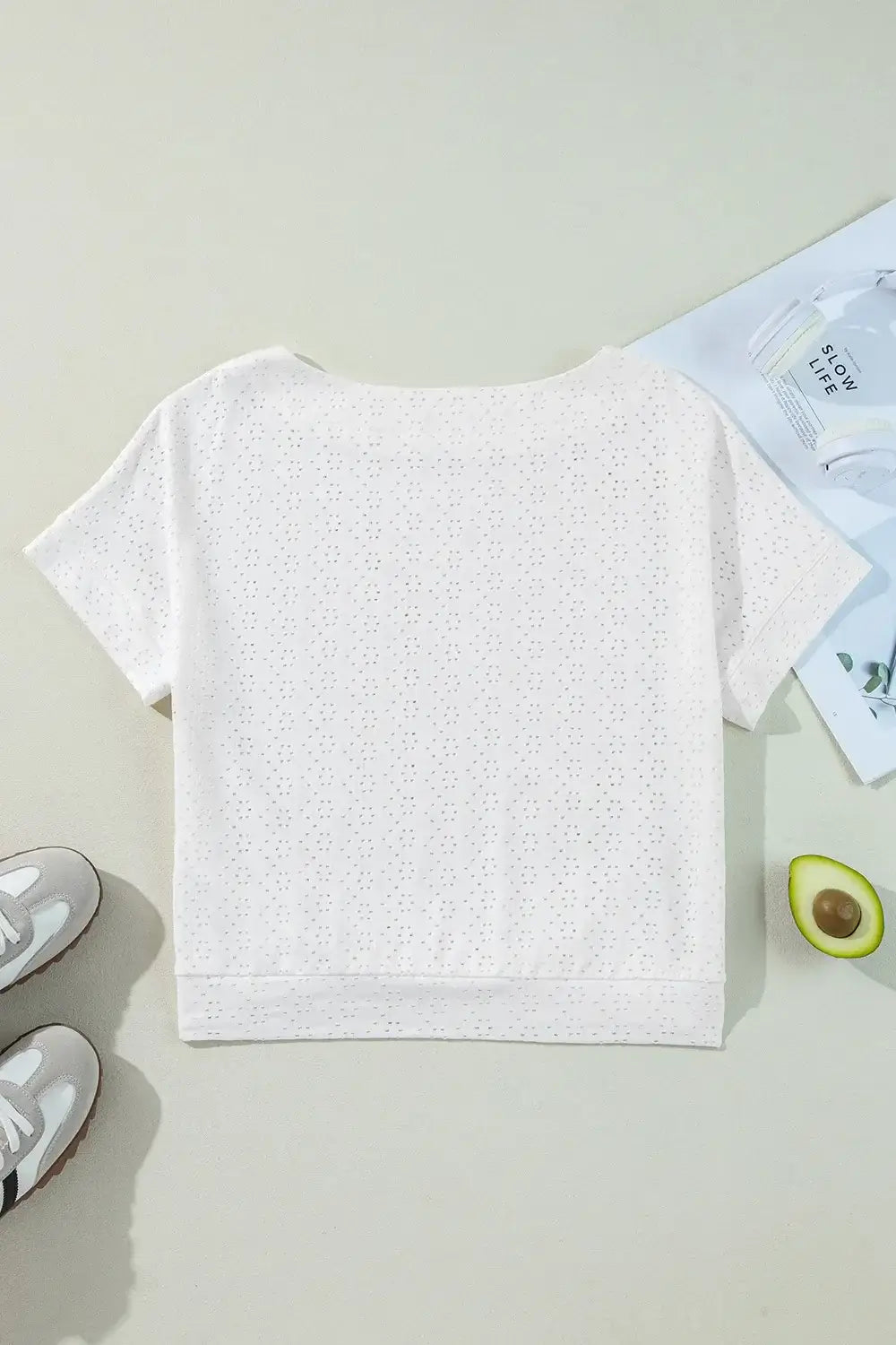 Eyelet Pattern Boat Neck Casual Tee