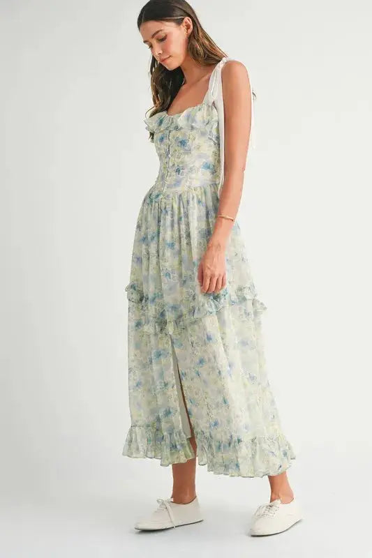 MABLE Floral Printed Shoulder Strap Midi Dress - Clothes For Her Online Store