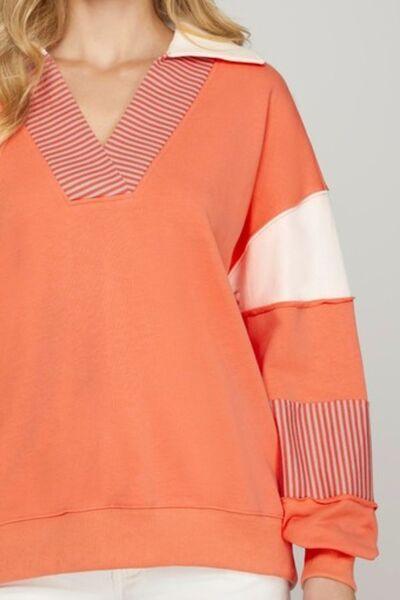 She + Sky Full Size Color Block Sleeve Johnny Collar French Terry Sweatshirt Plus Size