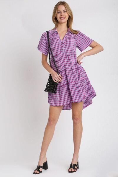 Umgee Full Size Gingham Tiered Button Detail Short Sleeve Dress Plus Size