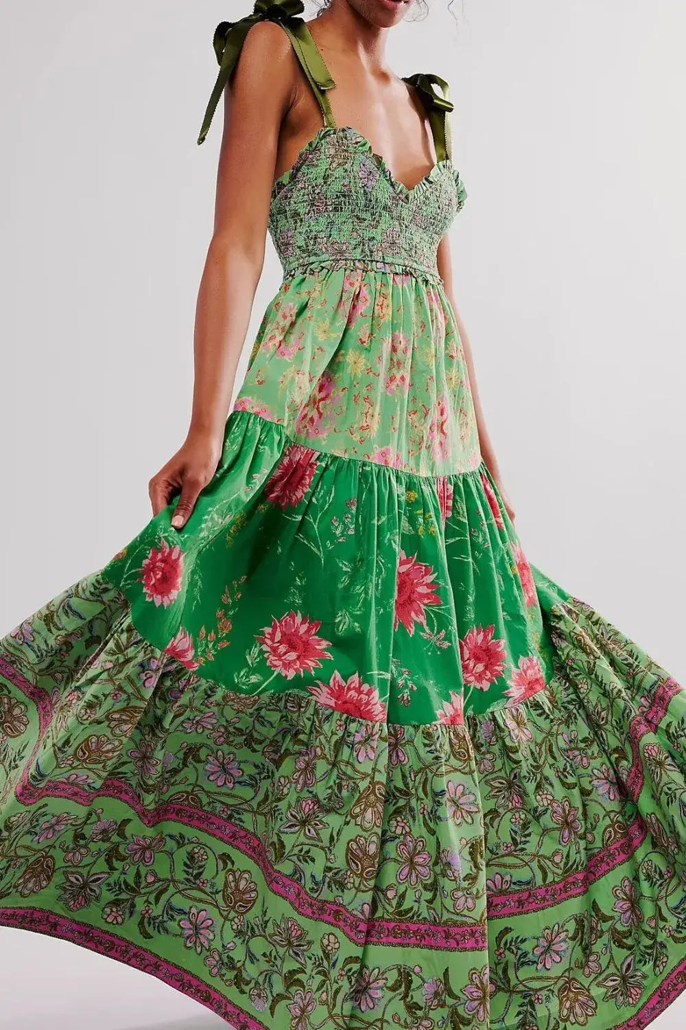 Floral Tiered Maxi Dress with Mixed Print Design
