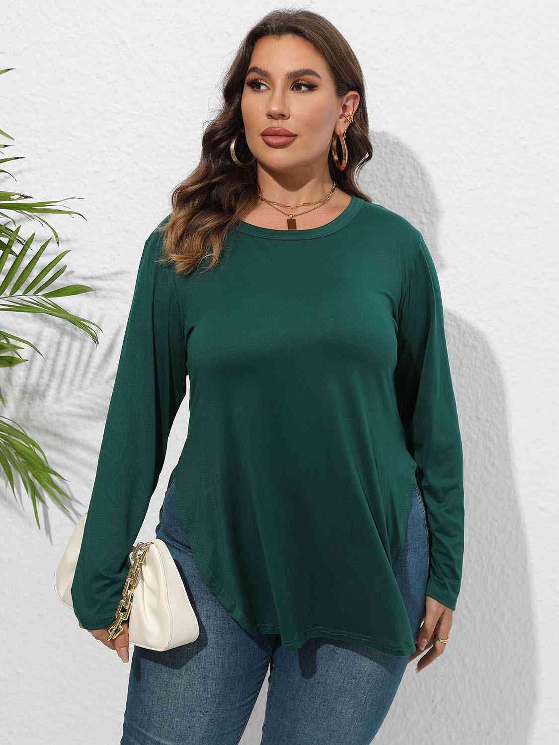 Plus Size Round Neck Long Sleeve Slit T-Shirt - Clothes For Her Online Store