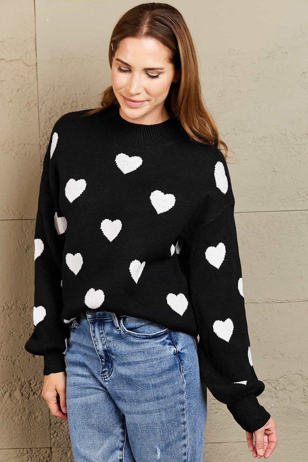 Woven Right Heart Pattern Lantern Sleeve Round Neck Tunic Sweater - Clothes For Her Online Store