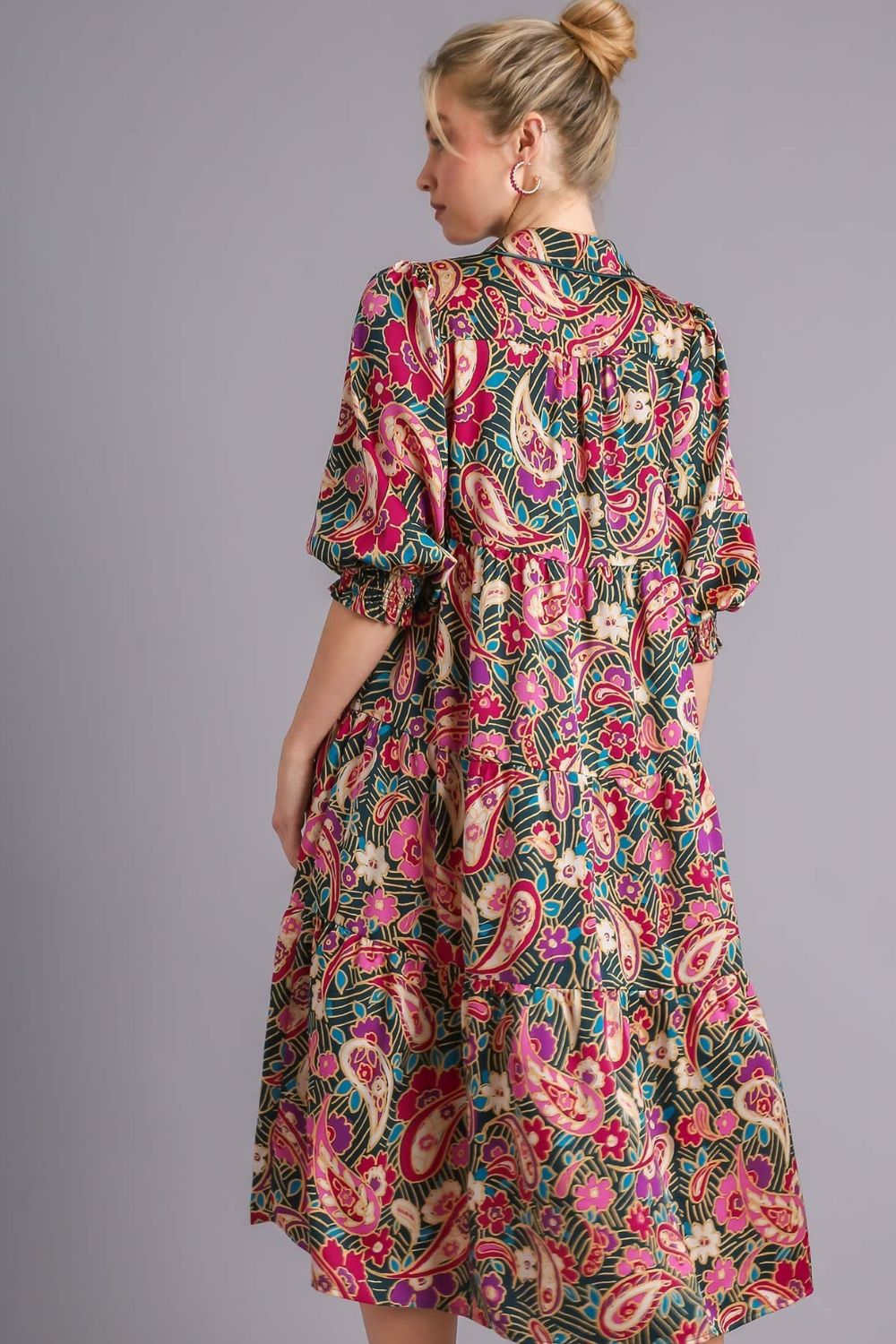 Umgee Full Size Paisley Print Satin Tiered Midi Dress Plus Size - Clothes For Her Online Store