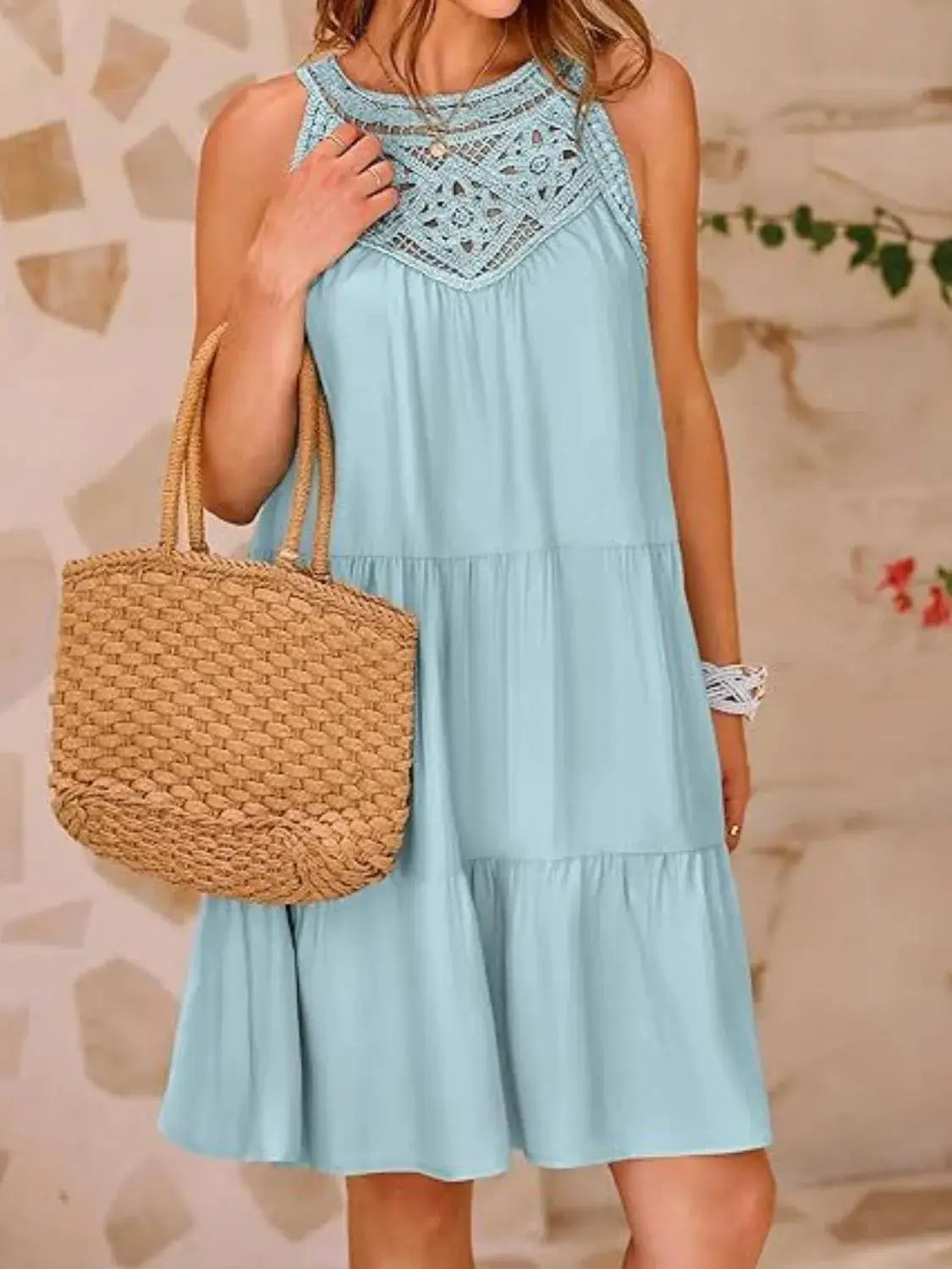 Ruffled Hem Lace Sleeveless Dress - Clothes For Her Online Store