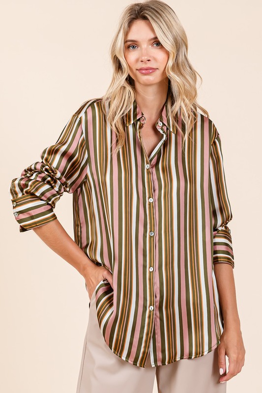 Mittoshop Striped Button Down Satin Shirt - Clothes For Her Online Store