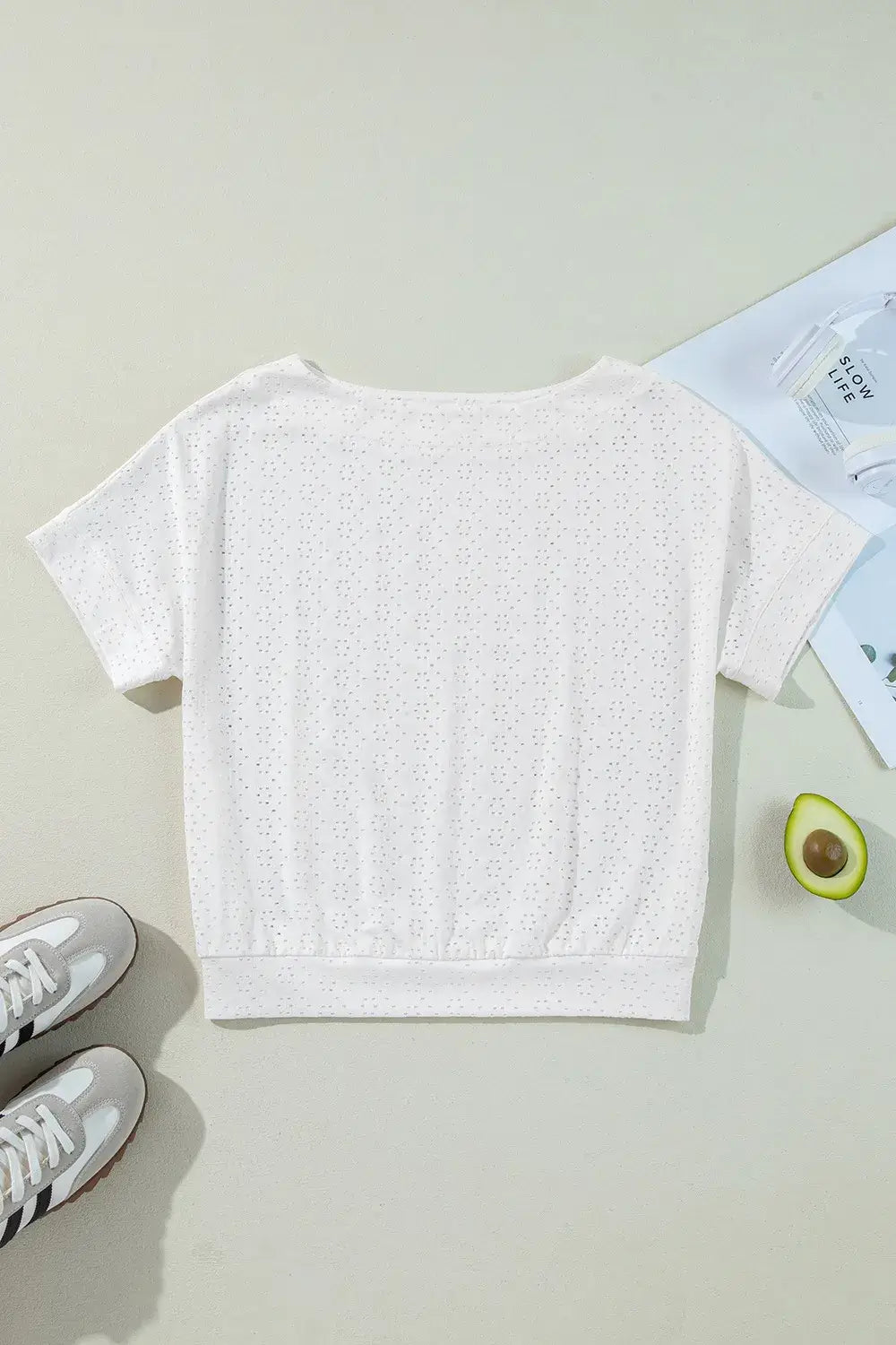 Eyelet Pattern Boat Neck Casual Tee