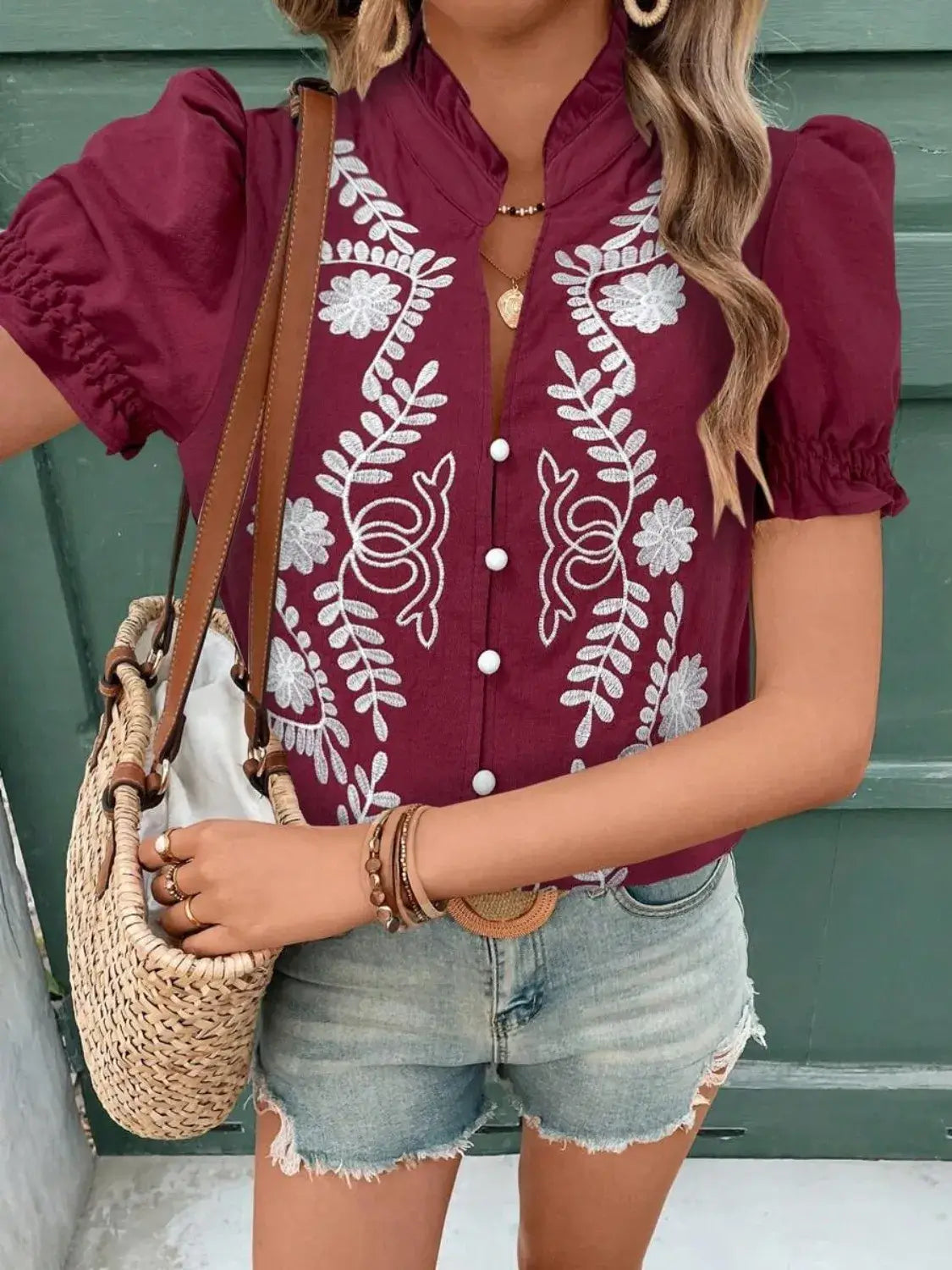 Embroidered Frill Notched Short Sleeve Blouse