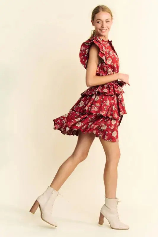 Davi & Dani Ruffle Flutter Sleeve Tie Belt Tiered Mini Dress - Clothes For Her Online Store