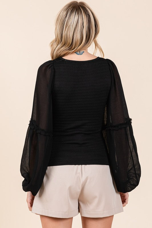 Mittoshop Mixed Media Textured Knit Chiffon Long Sleeve Top - Clothes For Her Online Store