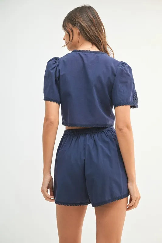 MABLE Crochet Lace Detail Crop Top and Shorts Set - Clothes For Her Online Store