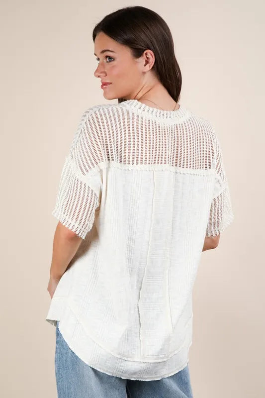 VERY J Full Size Oversized Contrast Knit Comfy Casual Top Plus Size
