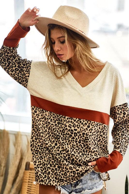 BiBi Waffle Knit Leopard Color Block V-Neck Top