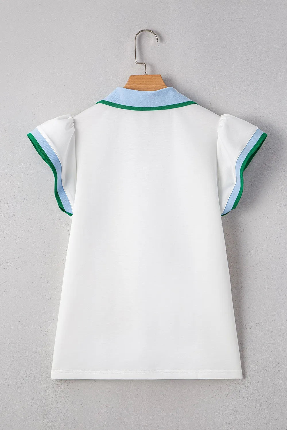 Contrast Ruffled Sleeve Collared V Neck Blouse