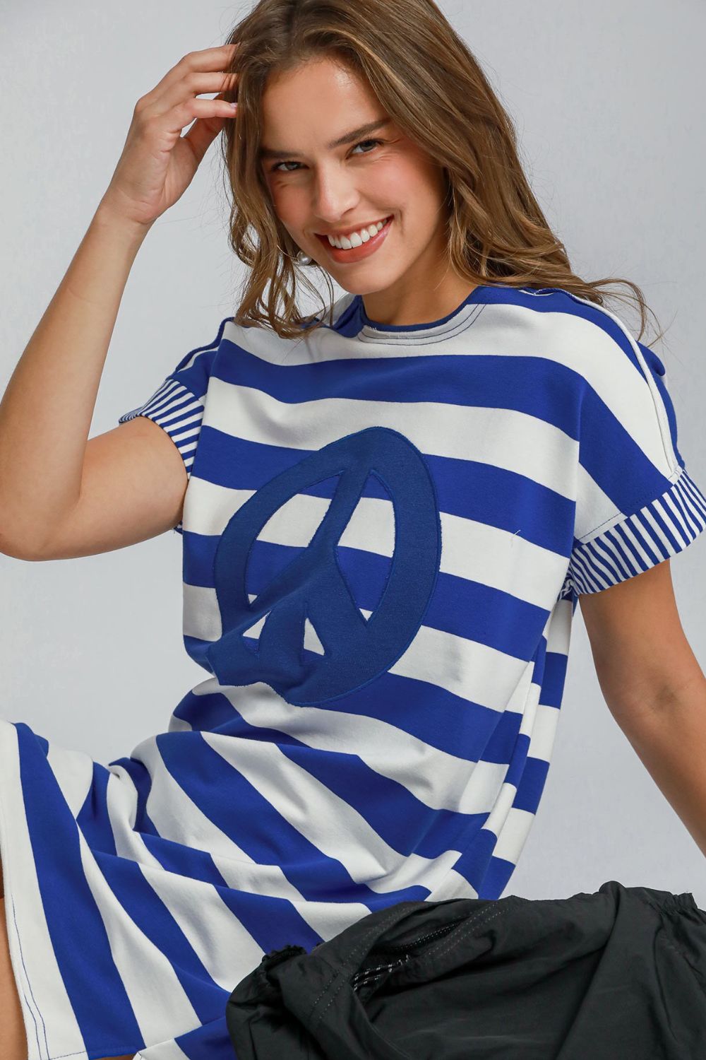 Umgee Peace Applique Striped Short Sleeve Mini Dress - Clothes For Her Online Store