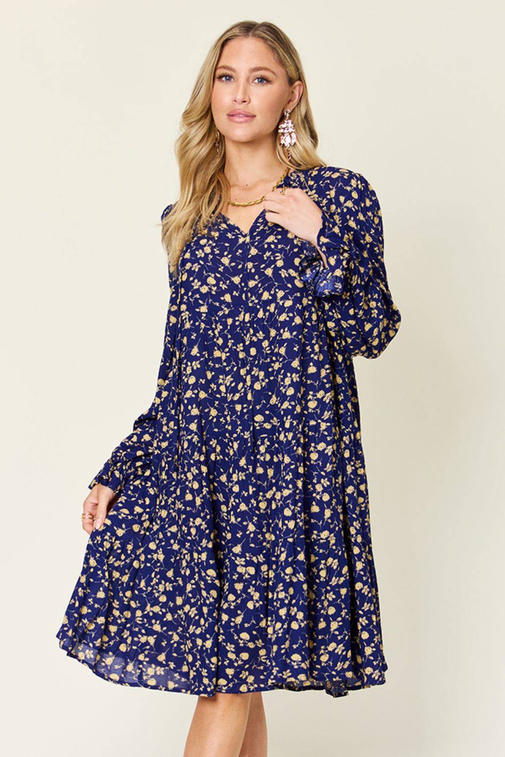 Double Take Full Size Printed Ruffle Hem Long Sleeve Tiered Dress - Clothes For Her Online Store