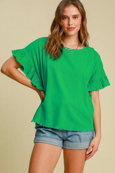 Umgee Full Size Raw Hem Ruffle Short Sleeve Blouse Plus Size