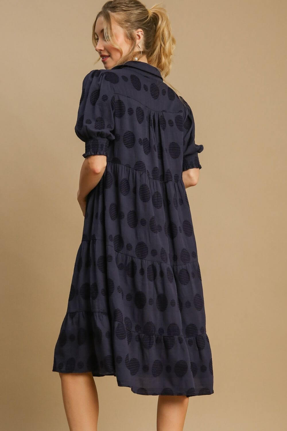 Umgee Full Size Swiss Dot Jacquard Tiered Midi Dress Plus Size