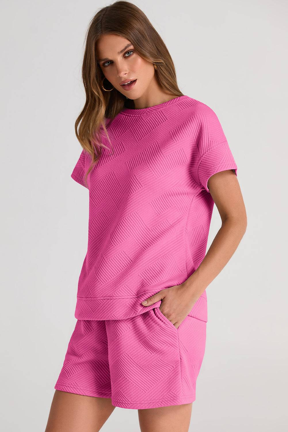 Textured Round Neck T-Shirt and Shorts Set - Clothes For Her Online Store