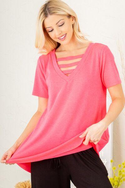 Heimish Full Size V-Neck Short Sleeve T-Shirt with Bar Detail Plus Size - Clothes For Her Online Store