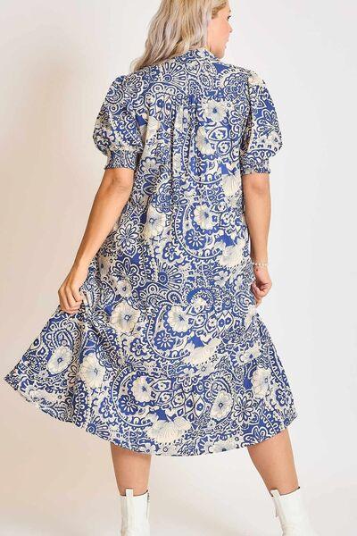 Umgee Full Size Printed Smocked Cuff Puff Sleeve Midi Dress Plus Size