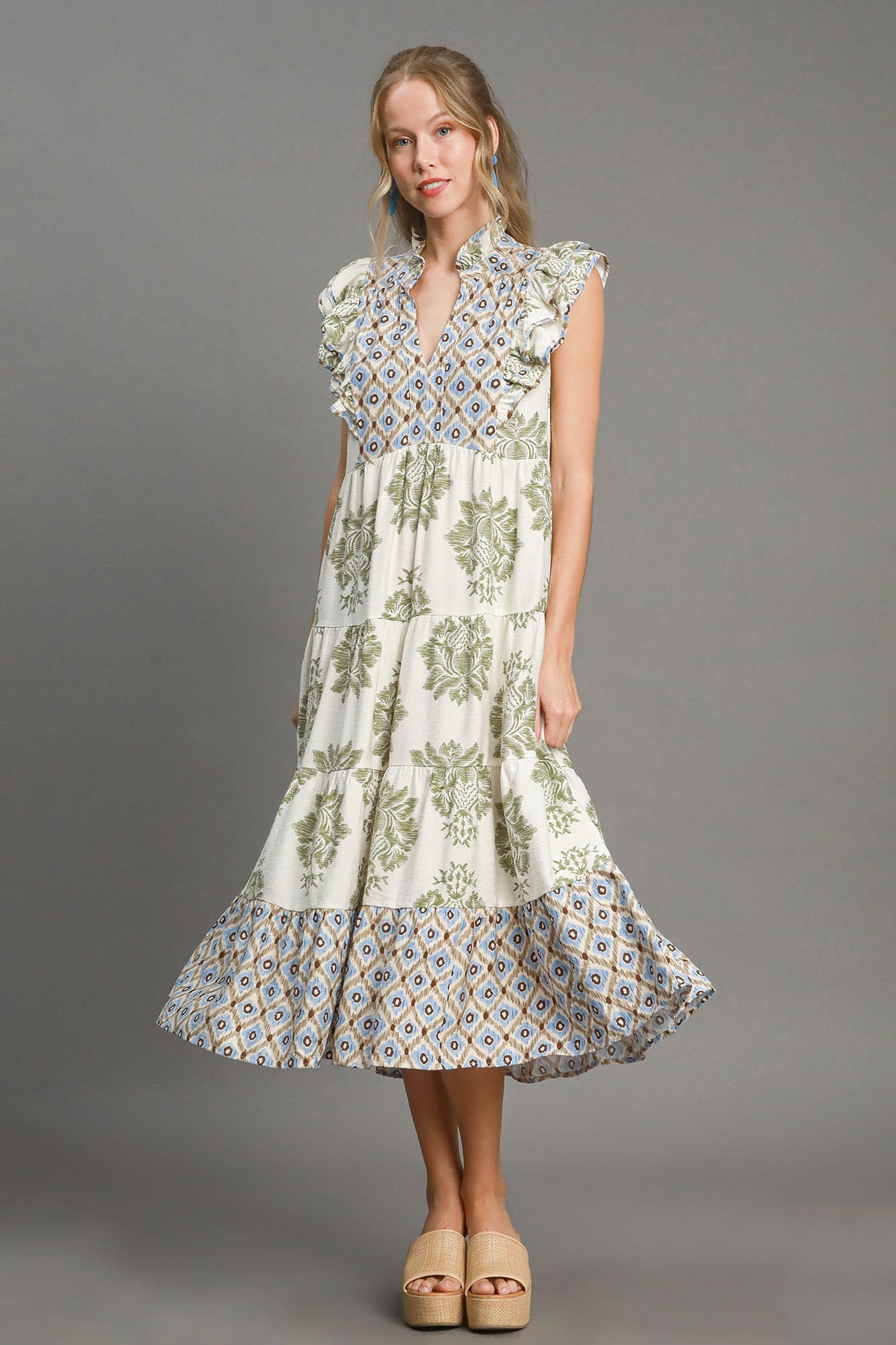 Umgee Full Size Mixed Print Ruffle Cap Sleeve Midi Dress Plus Size - Clothes For Her Online Store