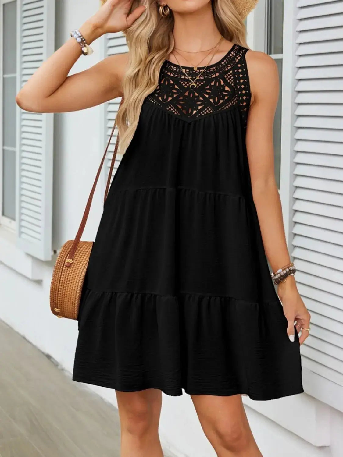 Ruffled Hem Lace Sleeveless Dress - Clothes For Her Online Store