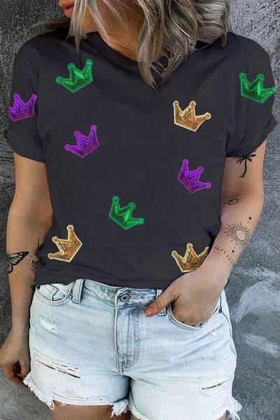 Plus Size Sequin Crown Print Round Neck T-Shirt - Clothes For Her Online Store