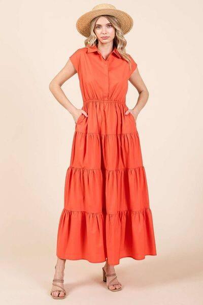 Mittoshop Button Up Collared Tiered Maxi Shirt Dress