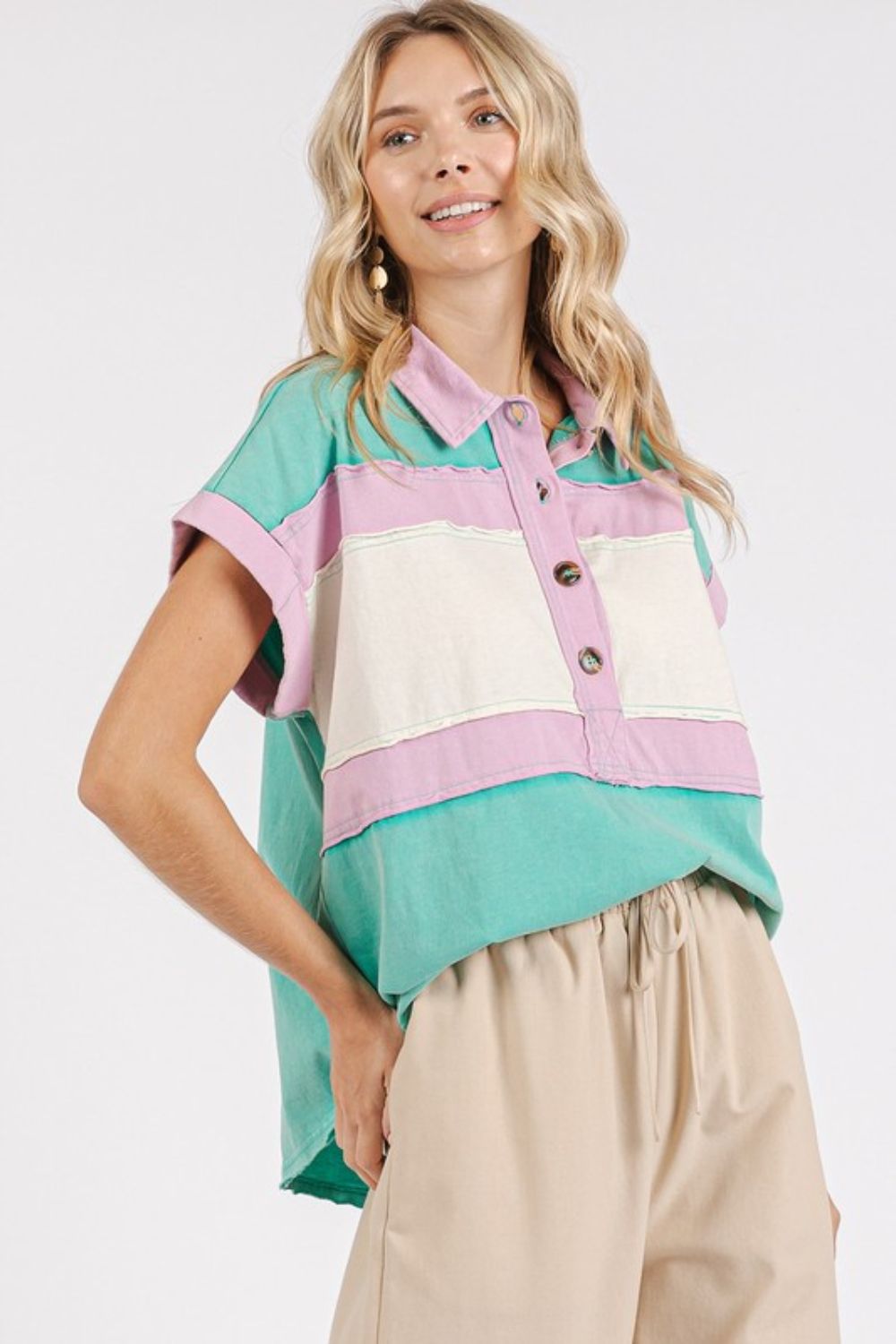 Mittoshop Color Block Henley Short Sleeve Polo Shirt - Clothes For Her Online Store