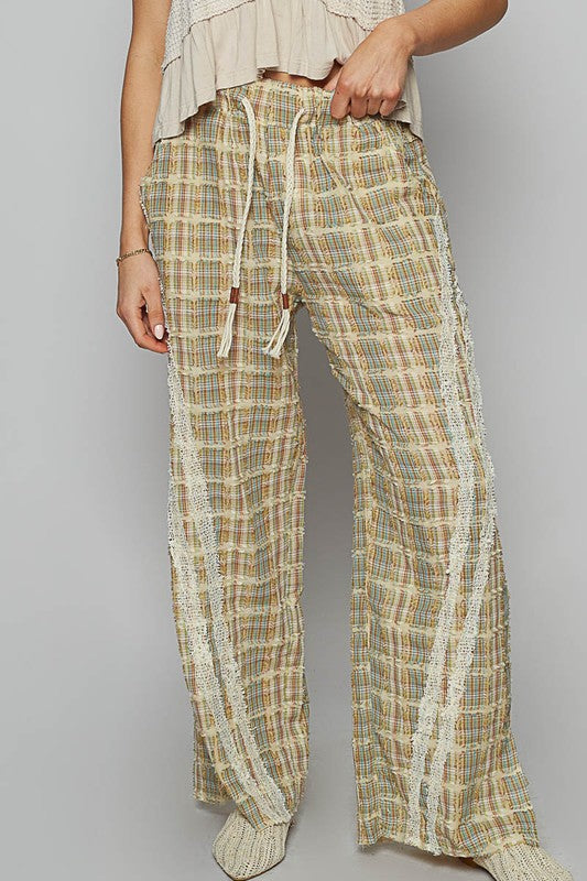 POL Lace Trim Drawstring Checkered Wide Leg Pants - Clothes For Her Online Store