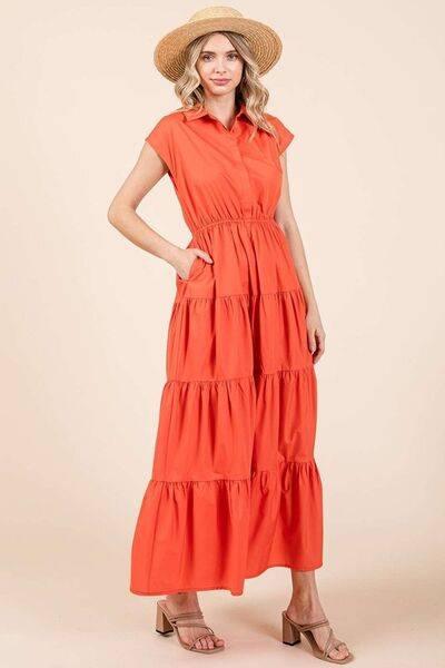 Mittoshop Button Up Collared Tiered Maxi Shirt Dress