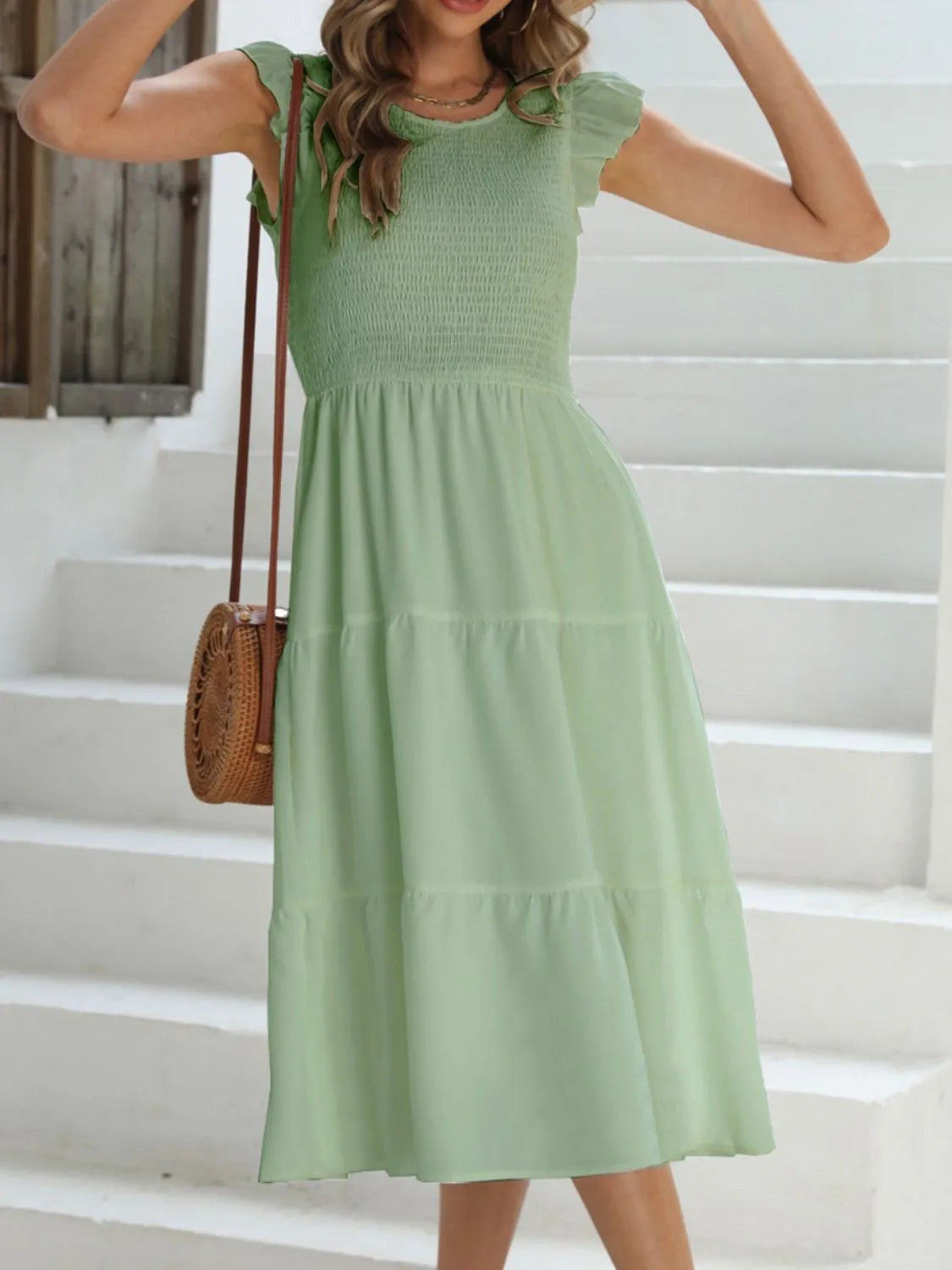 Ruffled Round Neck Cap Sleeve Dress