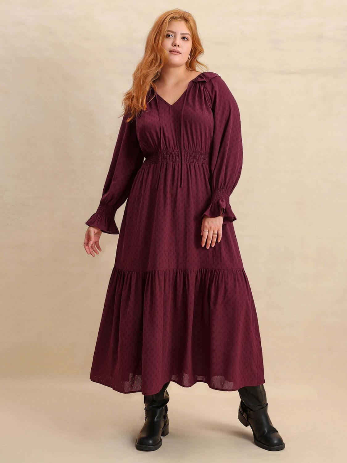 Plus Size Swiss Dot Tie Neck Flounce Sleeve Maxi Dress