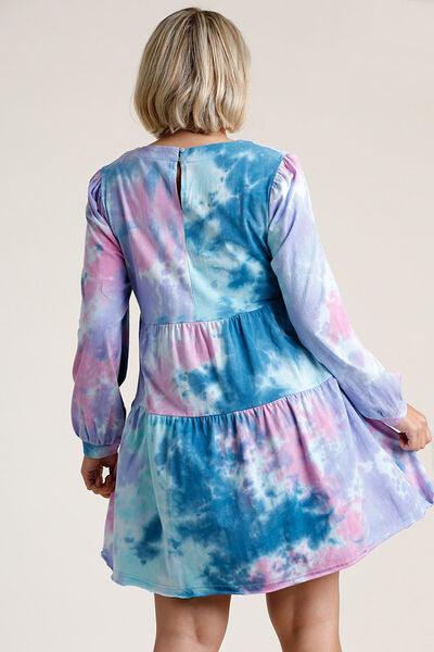 Umgee Full Size Tie Dye Round Neck Long Sleeve Babydoll Tiered Dress Plus Size - Clothes For Her Online Store