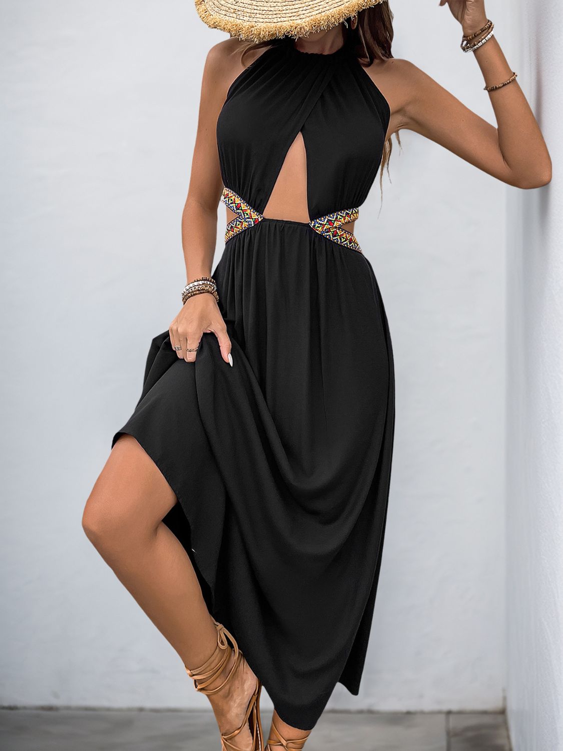 Perfee Cutout Grecian Neck Tied Back Dress