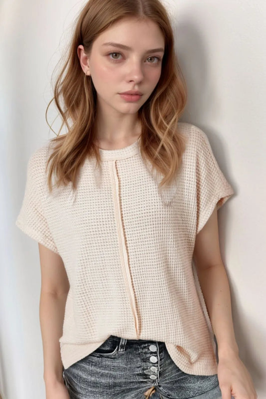 Solid Color Textured Seamed Short Sleeve Top