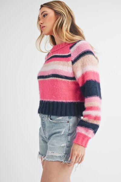 Aemi + Co Striped Ribbed Neckline Raglan Sleeve Sweater