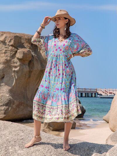 Printed Puff Sleeve Ruched Midi Dress