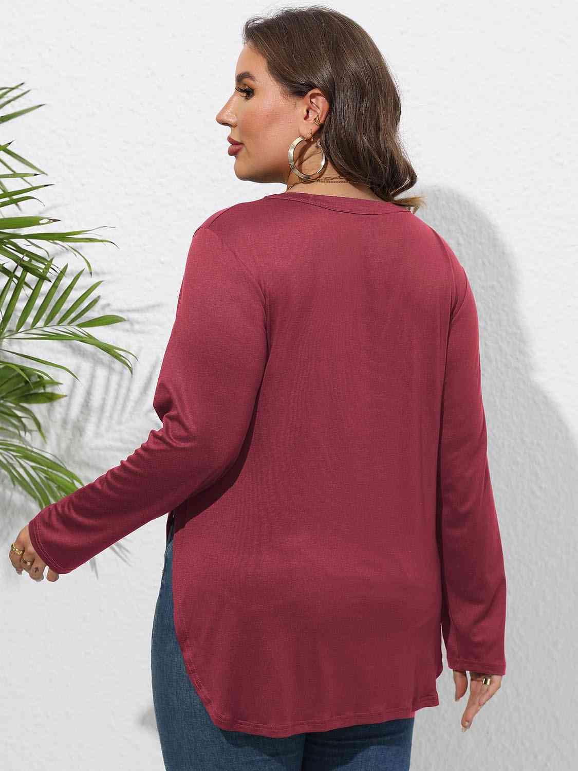 Plus Size Round Neck Long Sleeve Slit T-Shirt - Clothes For Her Online Store