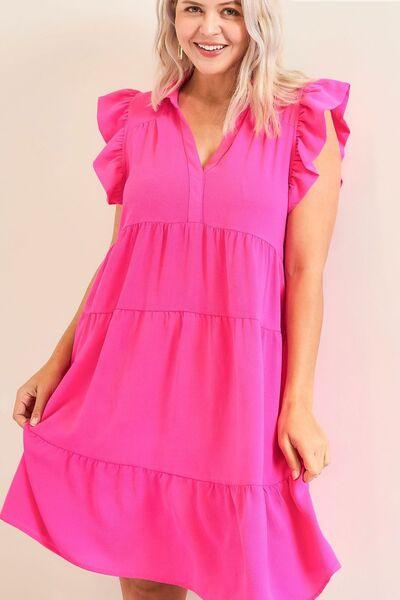 Umgee Full Size Johnny Collar Ruffle Cap Sleeve Tiered Dress Plus Size