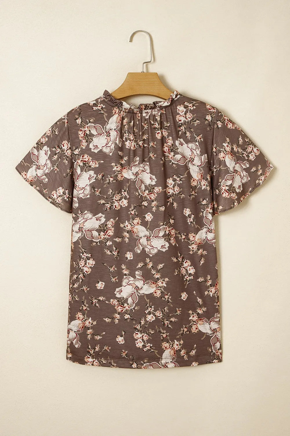 Floral Print Tassel Tie Split Neck Short Sleeve Blouse